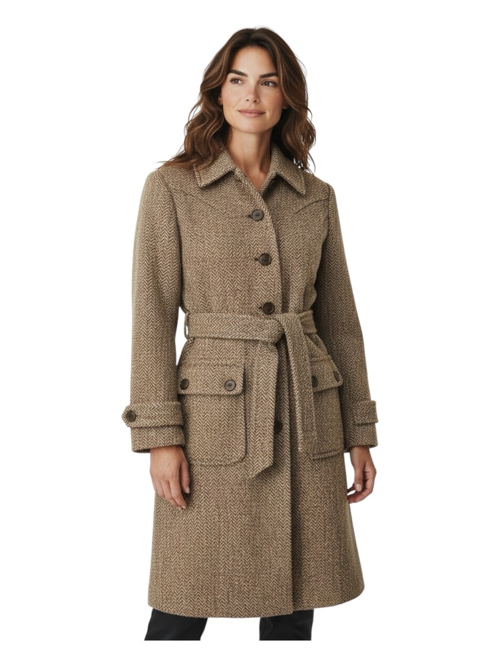 LOFT Trench Coat Herringbone Tweed Belted in Brown Size 6P - Picture 2 of 8